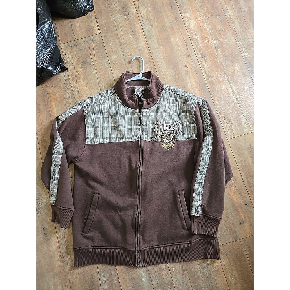 Avirex NYC‎ Mens Track Jacket Full Zip Brown Plaid Logo Patch Size XXL